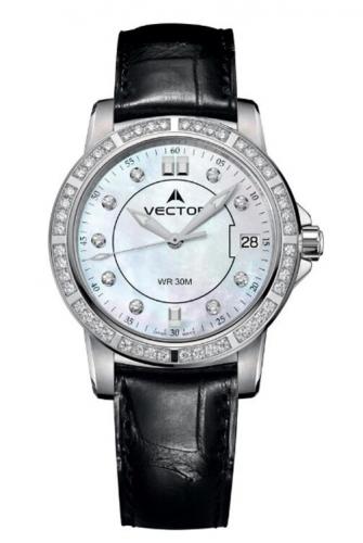 Женские перламутровые фэшн часы VECTOR VC9-003513QZ pearl на черном кожаном ремне, с кристаллами на корпусе, wr 30m.