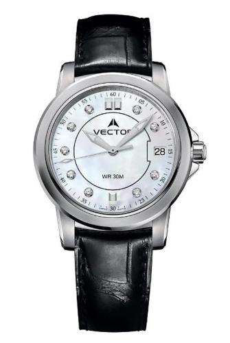 Женские перламутровые фэшн часы VECTOR VC9-003513Z pearl на черном кожаном ремне, с кристаллами на циферблате, wr 30m.