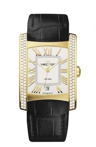 Прямоугольные женские ретро часы VECTOR VC9-004593Q white белые gold на кожаном ремне, с кристаллами на корпусе, wr 30m.