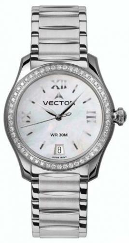 Женские фэшн часы с кристаллами VECTOR VC9-003513Q white с перламутровым циферблатом и римскими цифрами, браслет.