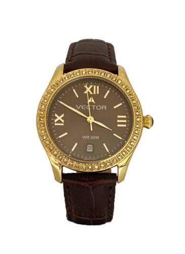 Женские фэшн часы с кристаллами VECTOR VC9-0055938Q brown коричневые IP Gold с римскими цифрами на кожаном ремешке.