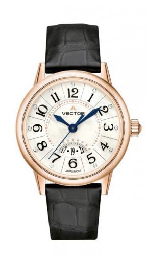 Позолоченные gold женские фэшн часы VECTOR VC9-0065825 pearl с перламутровым циферблатом и датой, на кожаном ремешке.