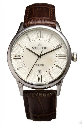 Крупные женские перламутровые часы с кристаллами VECTOR VC9-0075168 steel на коричневом кожаном ремешке, wr 30m.
