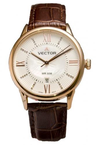 Крупные женские позолоченные часы с кристаллами VECTOR VC9-0075968 steel с перламутровым циферблатом на ремешке.