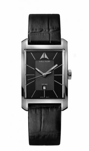 Женские прямоугольные классические часы VECTOR VC9-010513 black с датой на черном кожаном ремешке, водонепроницаемые.