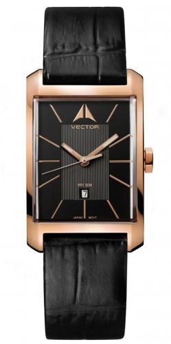 Позолоченные rose gold женские прямоугольные часы VECTOR VC9-010583 black черные с датой на кожаном ремешке, wr 30m.