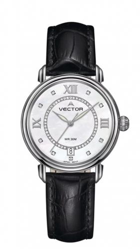 Женские перламутровые часы VECTOR VC9-011515 pearl на черном кожаном ремешке, с кристаллами на циферблате, wr 30m.