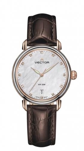 Биколорные женские часы с кристаллами VECTOR VC9-0115638 pearl с перламутровым циферблатом на коричневом ремне, wr 30m.