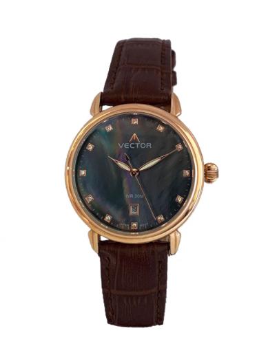 Позолоченные rose gold женские VECTOR VC9-0115838 black-pearl с перламутровым черным циферблатом на коричневом ремне.