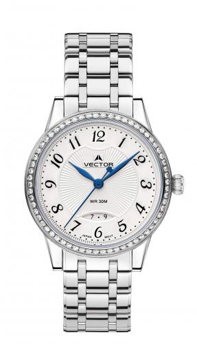 Женские фэшн часы с кристаллами VECTOR VC9-012412Q white с белым циферблатом и датой на стальном браслете, wr 30m.