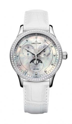 Крупные женские перламутровые часы с кристаллами VECTOR VH9-0025136Q pearl с датой на белом кожаном ремешке, wr 30m.