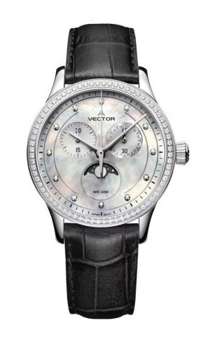 Крупные женские перламутровые часы с кристаллами VECTOR VH9-002513Q pearl с датой на черном кожаном ремешке, wr 30m.