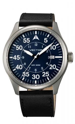 Механические мужские часы VECTOR VM8-001517 blue с датой и арабскими цифрами на синем циферблате, на кожаном ремешке.
