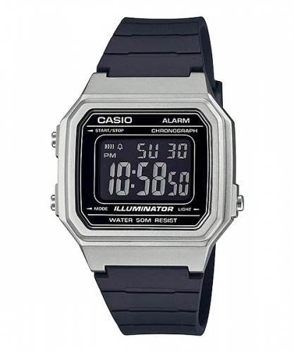 Прямоугольные винтажные электронные часы CASIO W-217HM-7BVEF на полимере, черно-серебристые с секундомером, wr50m.