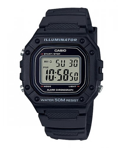 Спортивные квадратные электронные часы CASIO W-218H-1AVEF черные с календарем и секундомером, Illuminator, детские, wr50m.