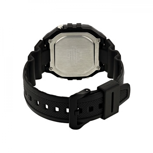 Застежка черного полимерного ремешка часов CASIO W-218H-1AVEF выполнена из пластика с надежной фиксацией.