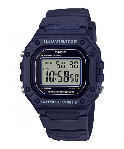 Спортивные квадратные электронные часы CASIO W-218H-2AVEF синие с секундомером и календарем, Illuminator, детские, wr50m.