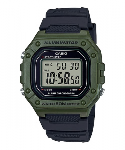 Спортивные квадратные электронные часы CASIO W-218H-3AVEF черно-зеленые, wr50m, с секундомером и календарем, Illuminator.