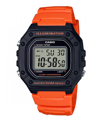 Спортивные квадратные электронные часы CASIO W-218H-4B2VEF черно-оранжевые с секундомером, Illuminator, детские, wr50m.