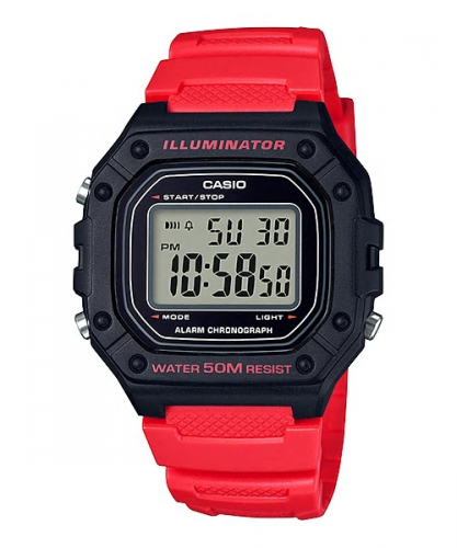 Спортивные квадратные электронные часы CASIO W-218H-4BVEF черно-красные, wr50m, с секундомером и календарем, Illuminator.