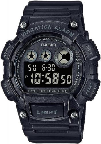 Спортивные часы CASIO W-735H-1BVEF черные на полимере, секундомер, вибро-уведомление, 10 лет батарейка, wr100m.