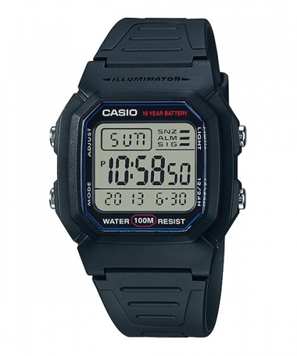 Пластиковые квадратные электронные часы CASIO W-800H-1AVES черные, 10-летняя батарейка, секундомер, подсветка, wr100m.