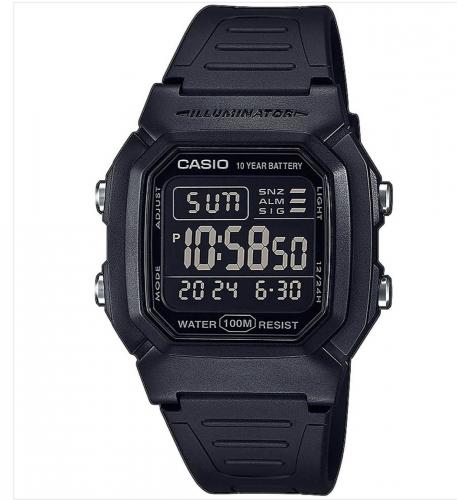 Пластиковые квадратные электронные часы CASIO W-800H-1BVES черные инверсные, 10 лет батарейка, секундомер, подсветка.