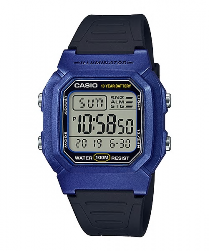 Пластиковые квадратные электронные часы CASIO W-800HM-2AVEF черно-синие, 10 лет батарейка, секундомер, подсветка, wr100m.