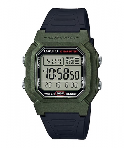 Пластиковые квадратные электронные часы CASIO W-800HM-3AVEF черно-зеленые, 100м, 10 лет батарейка, секундомер, подсветка.
