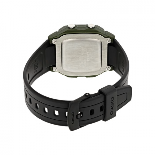 Застежка черного полимерного ремешка часов CASIO W-800HM-3AVEF выполнена из пластика с надежной фиксацией.