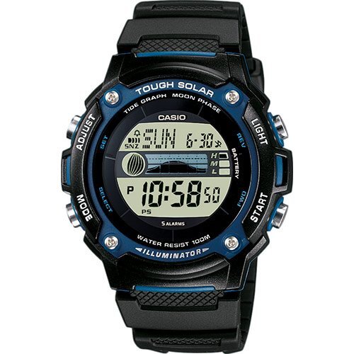 Пластиковые электронные часы CASIO W-S210H-1AVEF черно-синие, wr100m, приливы и отливы, фазы Луны, солнечная батарейка.