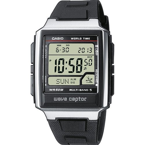 Прямоугольные часы с радиосинхронизацией CASIO WV-59E-1AVEF черные на полимере, Multi Band, электронные, EL-подсветка, 50m.