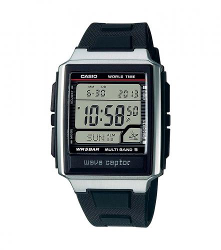 Прямоугольные часы с радиосинхронизацией CASIO WV-59R-1AEF черные на полимере, Wave Ceptor, цифровые, LED-подсветка, 50m.